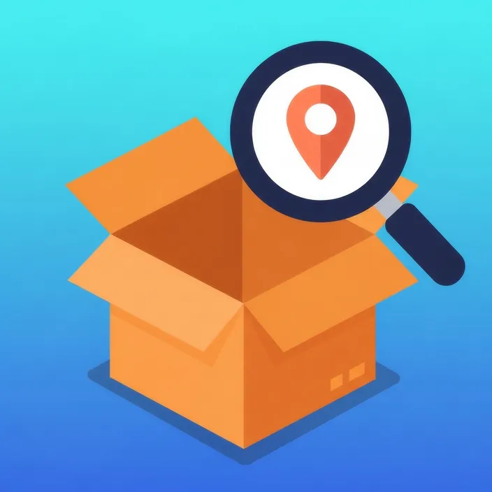 The Stowbook mark: an open cardboard box with a magnifying glass revealing a location pin.
